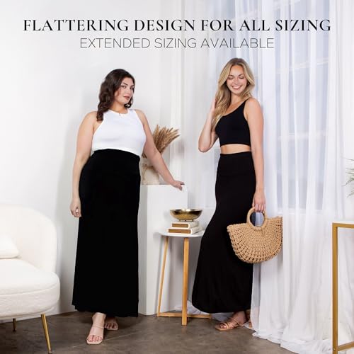 Azules SK-9001RR-BLK-S Maxi Skirt For Women- Elegant Long Women'S Skirts- Solid Color, Soft, Stretchy, Flowy Boho Rayon- Womens High Waist Fold Over thumb #6