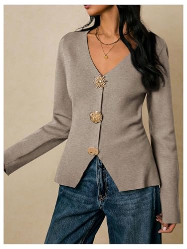 Image of MakeMeChic Women's Metal Button Down Cardigan Old Money Sweater
