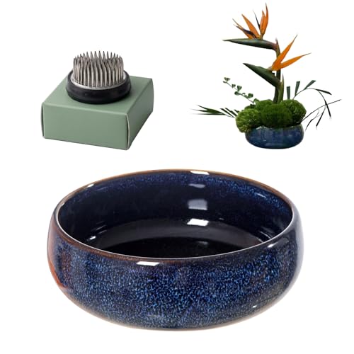FLARINGEXTRA1 Water Lotus Bowl Planter Kit - Japanese Compote Bowl Ikebana Vase Set w/ 1.8 Floral Frog- Ideal for Ikebana Flower Arrangement & Hydroponic Planting (Blue)