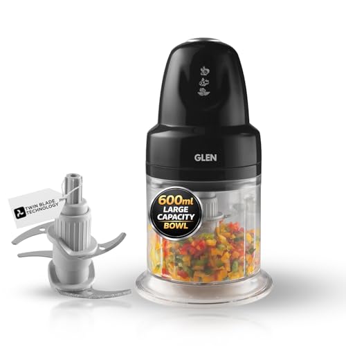 Glen Electric Chopper for Kitchen, 600ml Bowl, 250W Mini Fruit & Vegetable Cutter with Rust-Resistant Stainless Steel Twin Blades, Whisker Disc, Chops Onion & Nuts - Black (SA4043TUBLK)
