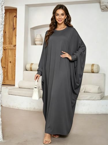 Image of Boedaty Women Batwing Sleeve Muslim Abaya Prayer Dress | Soft stretch elastic fabric Dubai style modest robe ideal daily prayer Ramadan Eid holiday wear maternity-dresses