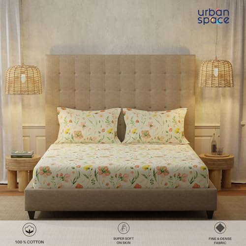 Image of Urban Space Serene 200 TC 100% Cotton Elastic Fitted Bedsheets King Size With 2 Pillow Covers, King Size Bedsheet Floral(Meadows Buttercream, Size 72 X 78 Inches)