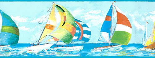 Dundee Deco Bd6261 Prepasted Wallpaper Border - Nautical Blue, Green, White, Yellow Sailboats, Regatta Wall Border Retro Design, 15 Ft X 8 In (4.57M X 20.32Cm) #TOP3