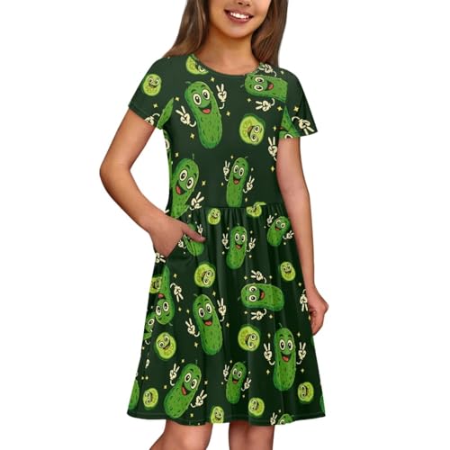 Girls Short Sleeve Dresses Summer Twirly Skater Dress with Pockets for 2-14 Years Old2