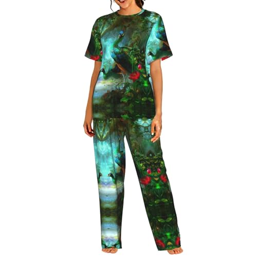 JIUTY Conjunto de pijama de 2 piezas con estampado de pavo real colorido para mujer, ropa de descanso para dormir, yoga y vida en el campus, Negro, M