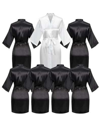 Image of 7 Pieces Women Silky Robe Satin Kimono Wedding Shower Bride Bridesmaid Bathrobe Spa Party Sleepwear