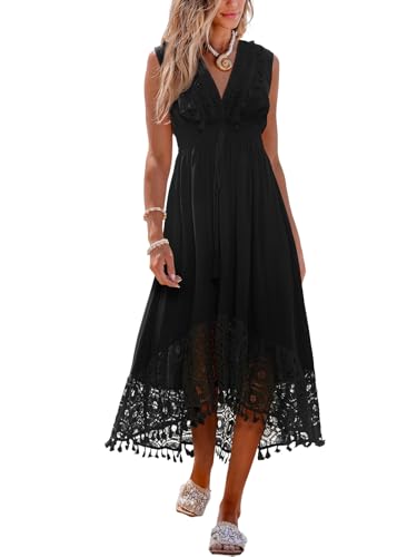 Image of CUPSHE Women's Maxi Dress V Neck Sleeveless Lace Tassel Smocked Waist Cover Up Beach Formal Long Dress