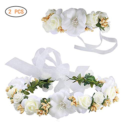 Surenhap Blumenkranz Haare und Arm, Haarschmuck Hochzeit Blumenstirnband Blumenkrone mit Armband für Strand Hochzeit Braut Fotografie Party Muttertag (Weiß)