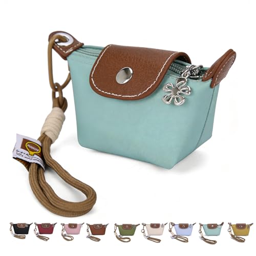 Fashion Mini Coin Purse for Women, Nylon Change Purse Zipper Wallet with Keychain for Cards, Cash, and Coins (Cyan)