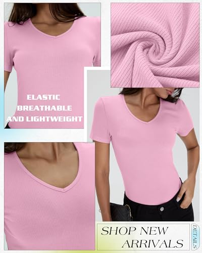Huukeay 5 Pack Women's Cotton V Neck T-Shirts Multipack Short Sleeve Slim Casual Ribbed Tops 2025 Summer Basic Tee3