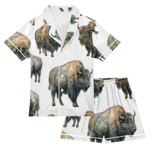 Satin Pajama Sets Short Sleeve Bison Pattern Print on White Button Down Silky Nightwear 2 Piece PJS 5-14Y