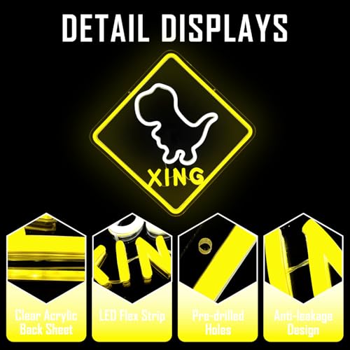Image of Dinosaur Neon Sign T-rex Neon Light Dimmable Crossing Warning Sign Dino Night Light Dinosaur Room Decor Birthday Halloween Christmas Gift for Boys Kids