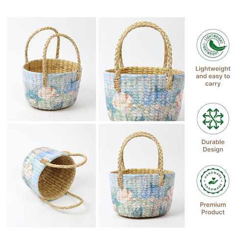 Image of Habere India-All the Cultures Fabricating India Gift Hamper Baskets | Cane Round Hamper | Fruit Baskets | Organiser Basket | Baby Basket for Clothes (Design19: L22 x W22 x H15 cm)
