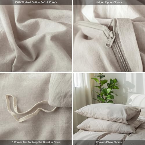 Image of MooMee Bedding Duvet Cover Set 100% Washed Cotton Linen Like Textured Breathable Durable Soft Comfy (Heathered New Natural Linen, Twin 68 inchx90 inch)