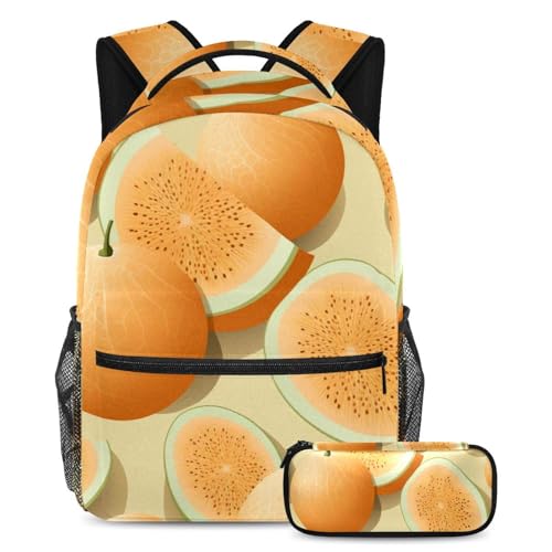 Lot de 2 sacs à dos grande capacité motif cantaloup frais avec trousse d'école assortie