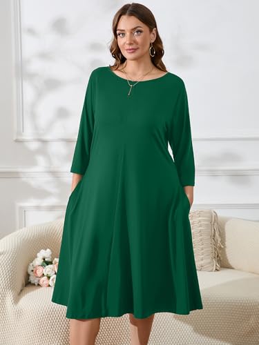 Image of AusLook Women's Plus Midi Dresses Crew Neck A Line 3 /4 Sleeves Casual Elegant Loose Wedding Vacation Dress with Pockets