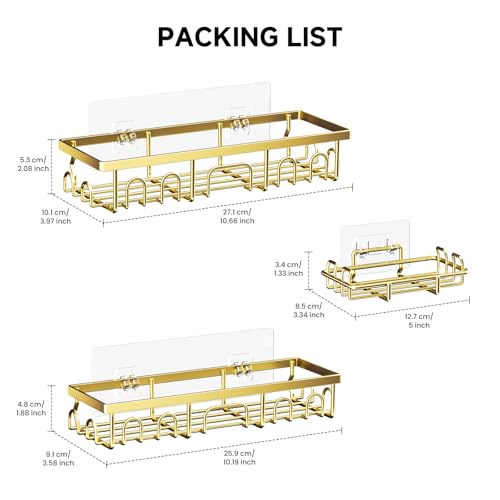 Image of Shower Caddy, 3 Pack Shower Shelves for Inside Bathroom, Rustproof Adhesive Bathroom Organizer with Soap Holder, No Drilling Washroom Organizers and Storage for Bathtub Room /Kitchen /Home, Gold