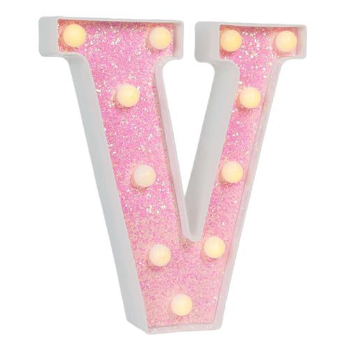 Image of Pink Glitter Marquee Light Up Letters, Battery Operated LED Letter Lights Signs for Pink Birthday Party Table Decorations, Wall Decor for Girls Bedroom, Initial Letter V with Warm White Lights
