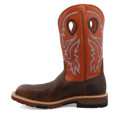 Twisted X Men's 12" Pull On Nano Composite Toe Waterproof Western Work Boot, Square Toe with CellStretch, Brown & Orange, 9.5 EE2