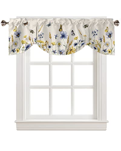 Butter-fly - Cortina con cenefa de amarre de hojas para cocina, sala de estar, dormitorio, baño, cafetería, bolsillo para barra, panel de cortina corto ajustable, elegante otoño, amarillo, azul,