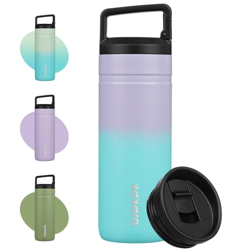 Image of BJPKPK 20 oz Insulated Travel Water Bottle, Coffee Tumbler Stainless Steel | Double Wall Vacuum, Leakproof, Thermal, Keeps Hot /Cold, Dishwasher Safe, Spill Proof, Wide Mouth, 2 Lids, Lavender Green
