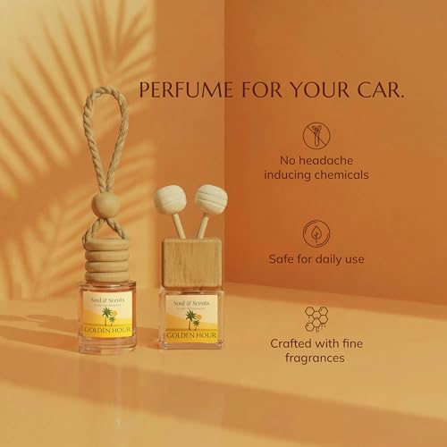 Image of Soul & Scents 16ml Luxury Car Perfumes Vanilla | Golden Hour | 2-in-1 Hanging Pod & AC Vent Air Freshener | Premium Wooden Car Fragrance Accessory | Long Lasting Odour Eliminator | Pack of 2