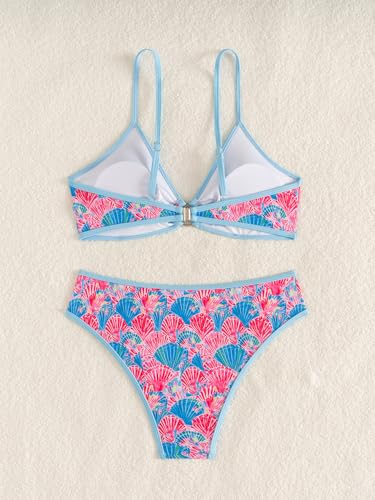 Image of Fanuerg Women's Triangle Bikini Sets O Ring Linked Two Piece Swimsuits Floral Printed Cheeky Bathing Suit