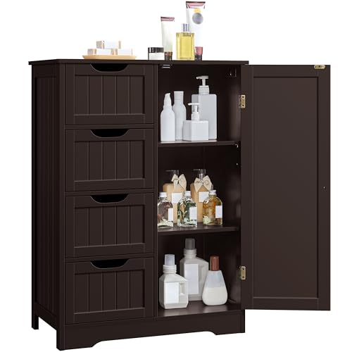 image for Yaheetech Large Bathroom Floor Cabinet with 4 Drawers and Single Door 