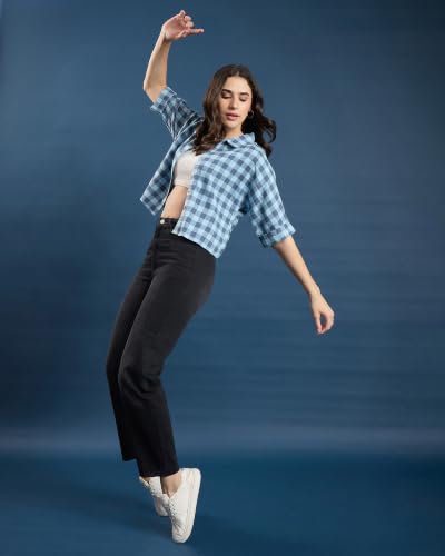 Image of Chimpaaanzee Women Checks Half Sleeve Crop Shirt