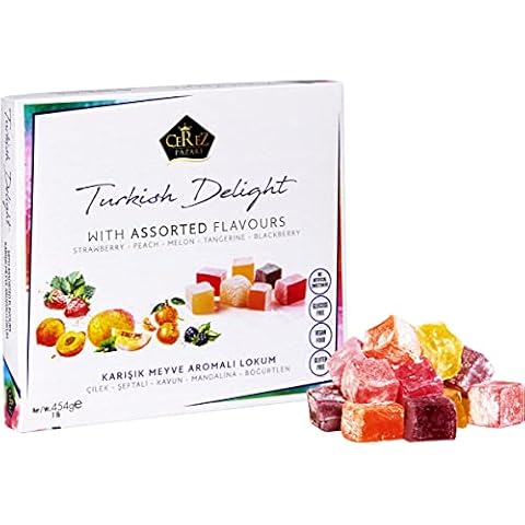 Cerez Pazari Turkish Delight Candy with Assorted Mix Flavours 16 oz Gourmet Medium Size Snacks Gift Box | No Nuts Sweet Luxury Traditional Confectionery Vegan Lokum Loukoumi Approx.42 Pcs Cover