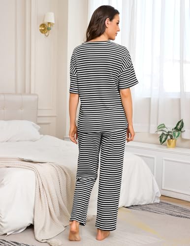 Image of JiniGolla Womens Pajama Sets Waffle Knit Short Sleeve Shirt with Long Pajama Pants Soft Sleepwear Pj Lounge Sets