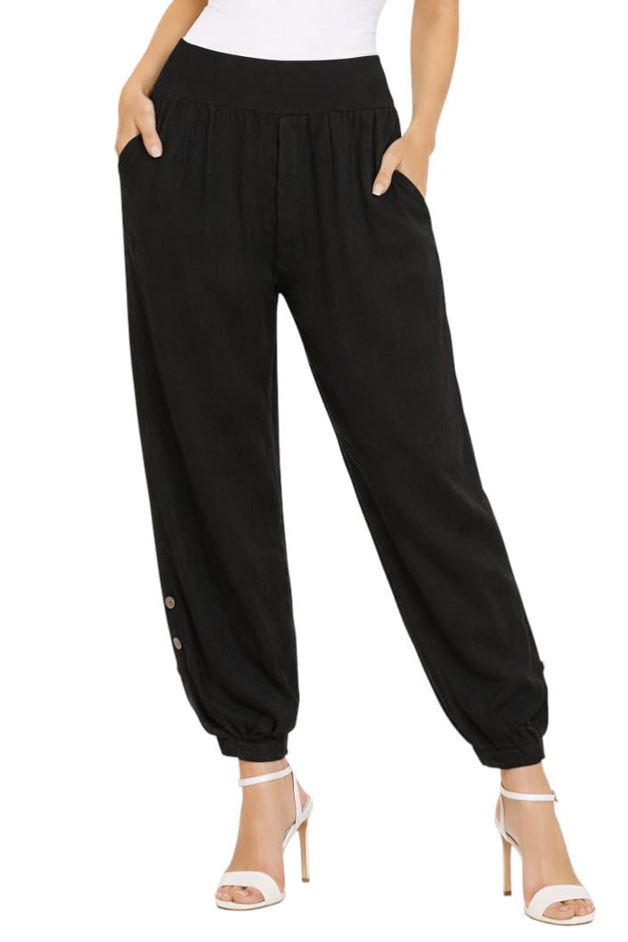 Mississhop Pantalon de loisirs décontracté pour femme en toile 100 % lin avec boutons uni - Noir - W44