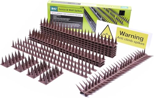 S4U Fence Wall Spikes Garden Tall Bird Spikes Cat Pigeon Deterrent Coverage of Approx.16M Per Box Anti Climb 44 x 4.3 x 3.8cm Warning Sign Included & Screws (Brown 24pcs)