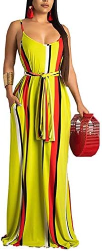 Voghtic Womens Stripe Spaghetti Strap Dress Summer Casual Loose Floral Beach Long Maxi Dresses with Pocket Scarf
