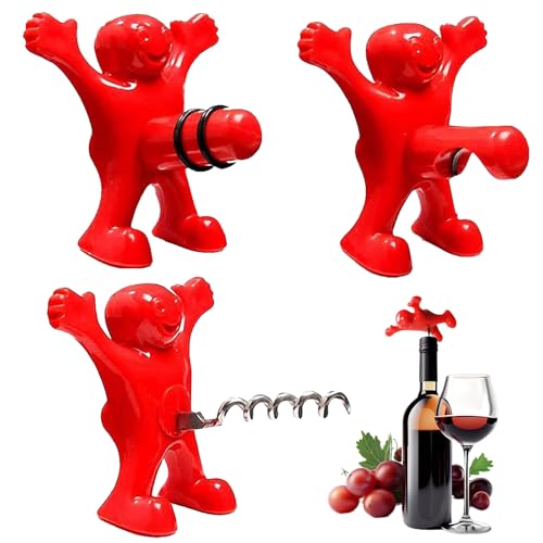 Apribottiglie Vino Divertente, 3 Pezzi Tappo Man, Cavatappi per Bottiglia, Regalo, Set per Birra - Bar, Abitazioni, Ristoranti (Rosso)