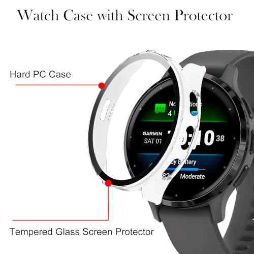 KZIOACSH Case with Screen Protector for Garmin Venu 3S,2 Pack Ultra Slim Full Coverage Hard PC Proctective Case Lightweight Shockproof Anti-Scratch Bumper Cover with Tempered Glass,Clear+Green - Image 3