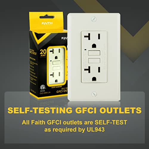 Faith 20A Gfci Outlet, Non-Tamper-Resistant Gfi Duplex Receptacles With Led Indicator, Self-Test Ground Fault Circuit Interrupter With Wall Plate, Etl Listed, Light Almond #TOP1