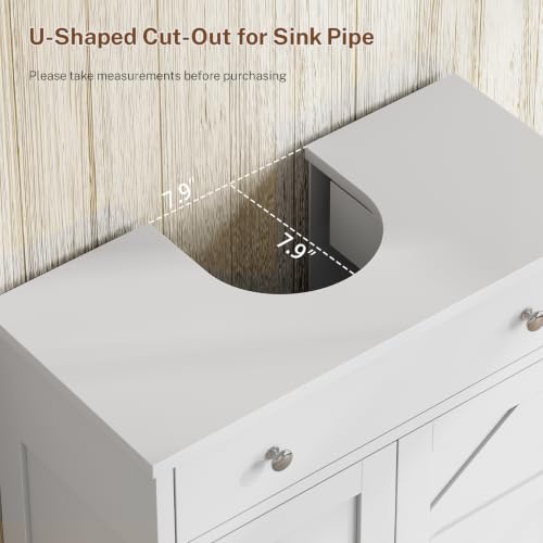 Image of TEENFON Pedestal Sink Storage Cabinet with 2 Barn Doors and Drawer, Bathroom Sink Cabinet with U-Shape Cut-Out, Pedestal Sink Cabinet, White