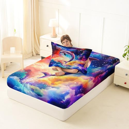 Image of jejeloiu Dolphin Bed Sheets Set Full Size Sea World Bed Set for Kids Boys Girls Tropical Ocean Deep Pocket Fitted Sheet Marine Life Breathable Soft Lightweight Microfiber