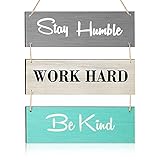 Stay Humble Work Hard Be Kind Wood Decorative Sign Rustic Wood Hanging Decor Family Hanging Plank Hanging Sign Motivational Inspirational Quote Wood Wall Sign for Home Office Living Room (Blue)