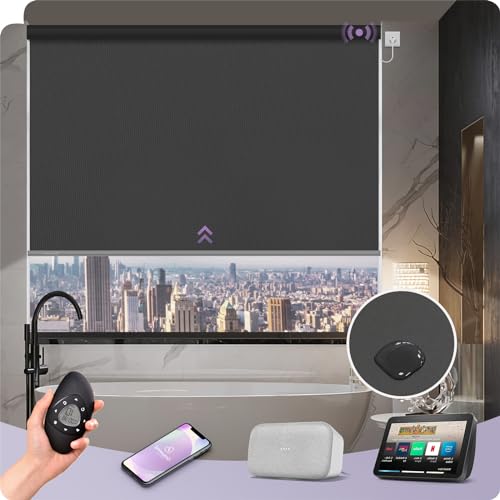 Graywind Waterproof Blackout Smart Blinds - Customised Electric Roller Blinds for Windows Motorised Shades for Alexa & Google Hardwired with Remote Control Dark Grey