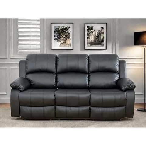 FONTOI Leather Recliner Sofa Couch, 3-Seater Home Theater Seating Reclining Sofa, Power Reclining Couch with Cup Holders & Drop Down Table for Living Room Furniture Sets, Black Cover