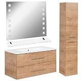 FACKELMANN helles Badmöbel Set B.Perfekt 4-TLG. mit Waschtisch Unterschrank inkl. Keramikbecken hängend 100 cm & LED Badspiegel