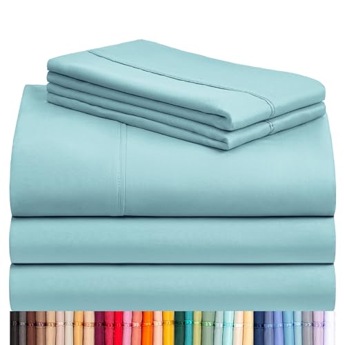 Image of LuxClub 5 PC Split King Sheet Set, Breathable Luxury Bed Sheets, Deep Pockets 18 inch Eco Friendly Wrinkle Free Cooling Sheets Machine Washable Hotel Bedding Silky Soft - Aqua Split King