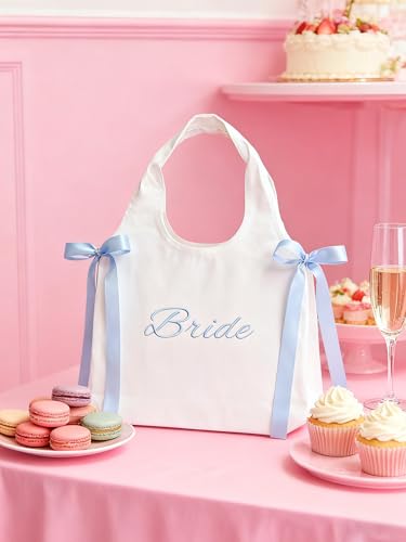 Bolso Tote blanco de lona con lazos azul satín miniatura 3