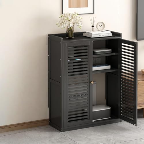 Jifocelt 木製 ルーター収納ボックス 配線隠し/コンセント・コード整理 ドア付きほこり防止 スリム型通気性 ノードリル設置簡単 オフィス/リビング/エントランス用 ワイヤレス 据え置き モダンデザイン (中サイズ82cmA,ブラック)