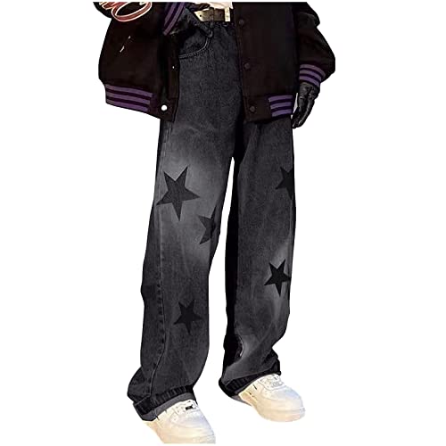Womens Girls Boyfriends Jeans High Waist Baggy Denim Pants Straight Wide Leg Jeans Stars Print Y2K Trousers Streetwear