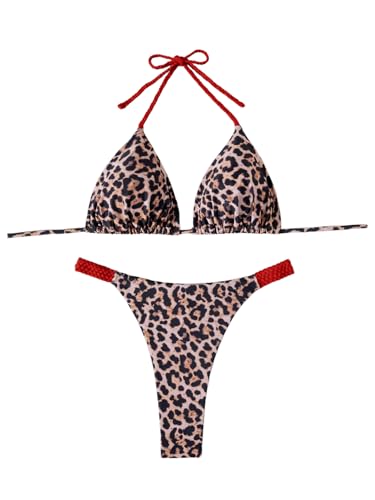 Floerns Women's Plus Size 2 Piece Swimsuits Cheetah Halter Triangle Bikini High Cut Bathing Suit