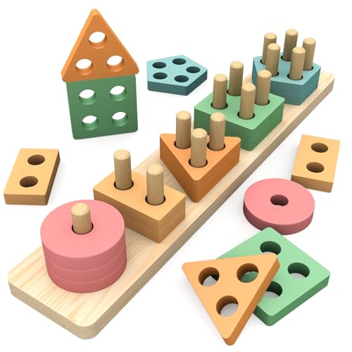 OSLINE Montessori Wooden Shape Sorter Stacking Toys for Toddlers, Kids Preschool Educational Learning Toys, Colour Sorting Puzzles, Birthday Gifts for Kids Boys Girls Presents