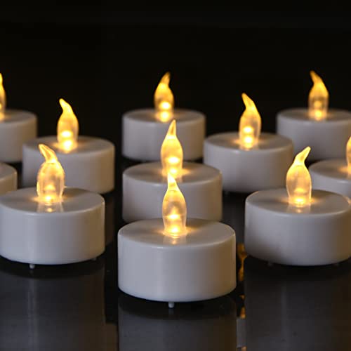 HANZIM 50 unidades LED Velas CR2032 pilas velas sin llama,Velas de té,Velas LED,Velas parpadeantes sin Llama,Velas Artificiales realistas a Pilas con luz Amarilla cálida (50 PACK)